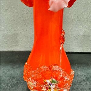 Vibrant Orange Cased  Glass Ruffle Vase with Crystal Clear Floral Accent